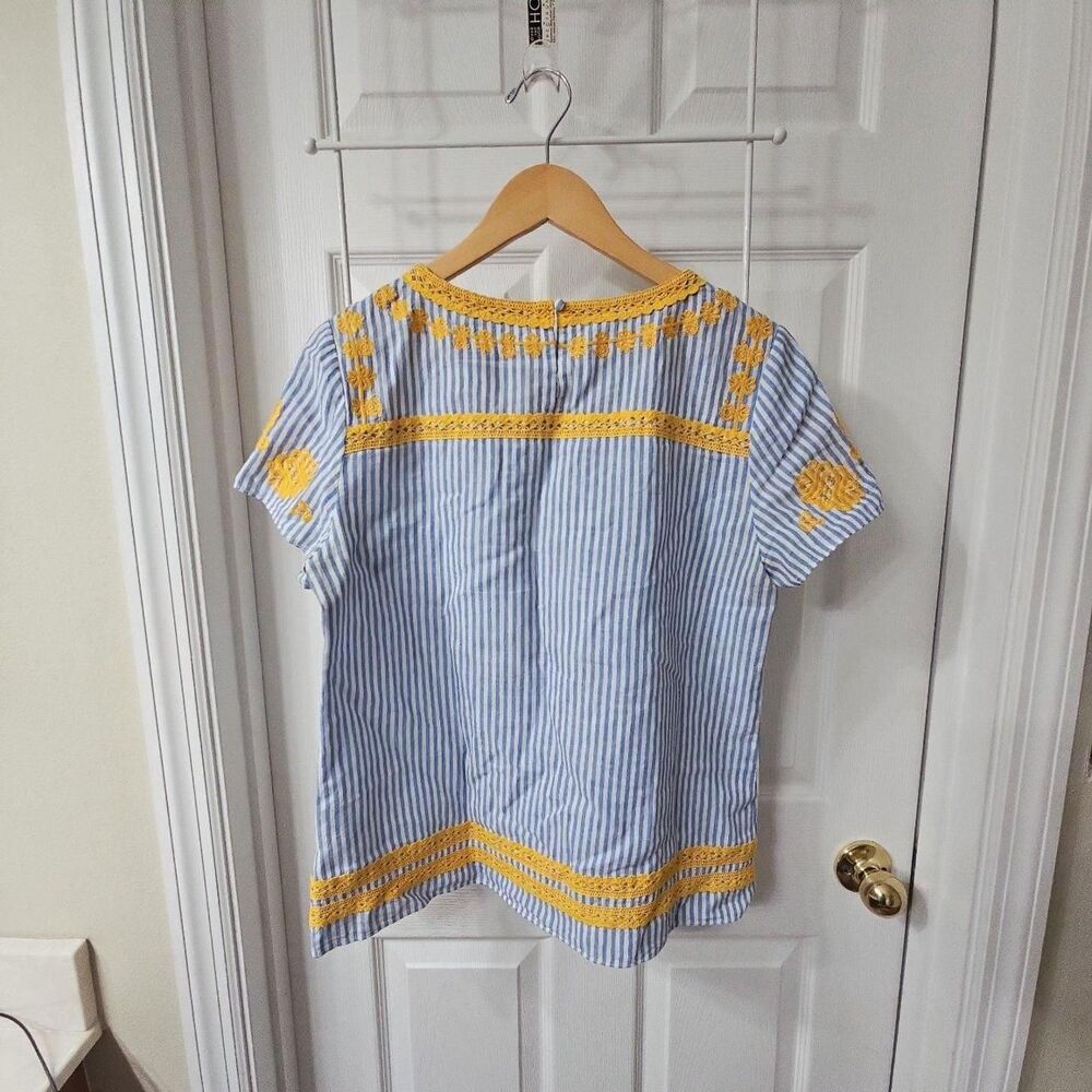 Boden Blue & White Striped Short Sleeve Top with Yellow Embroidery and Lace Trim - Picture 6 of 6